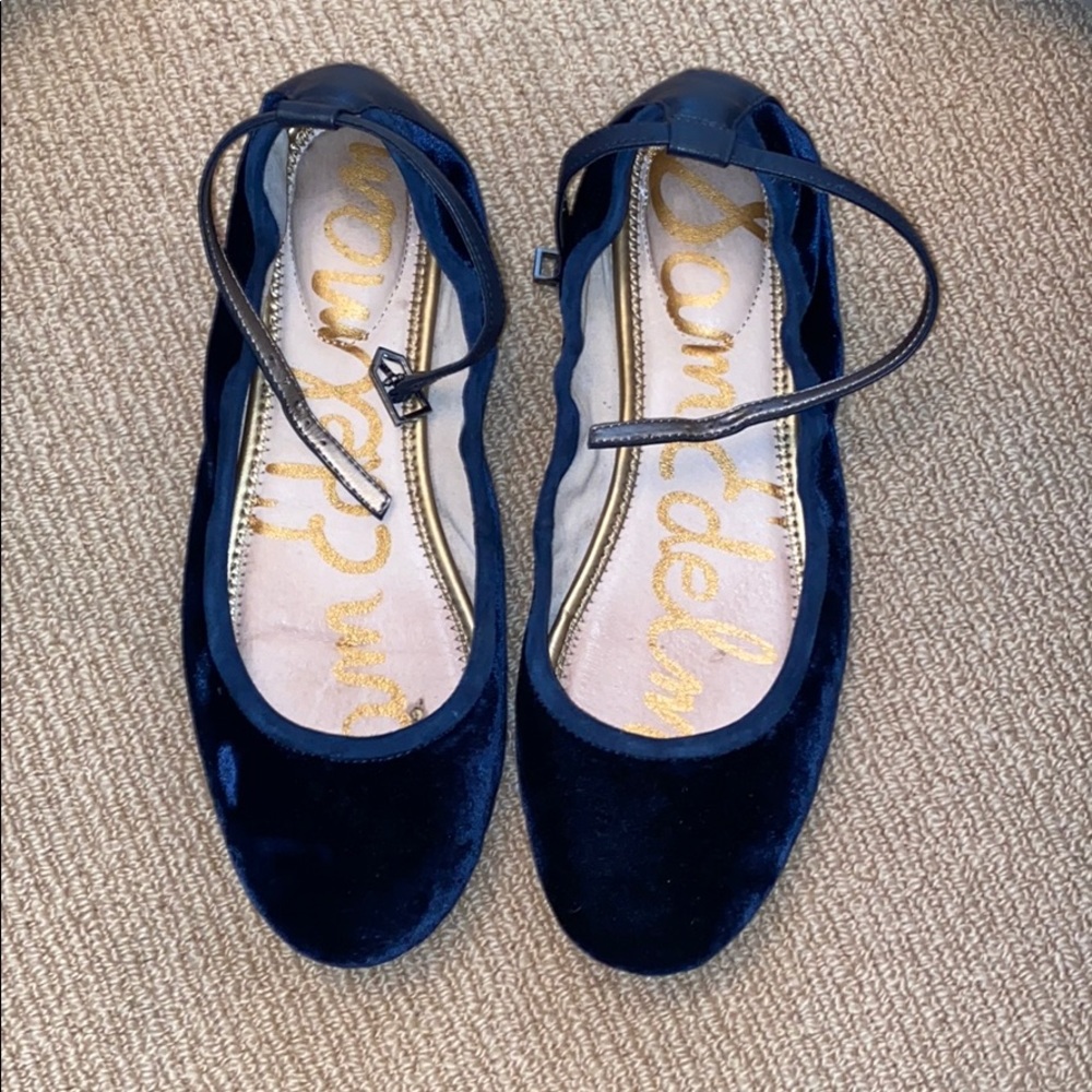 Sam Edelman blue velvet ankle strap flat